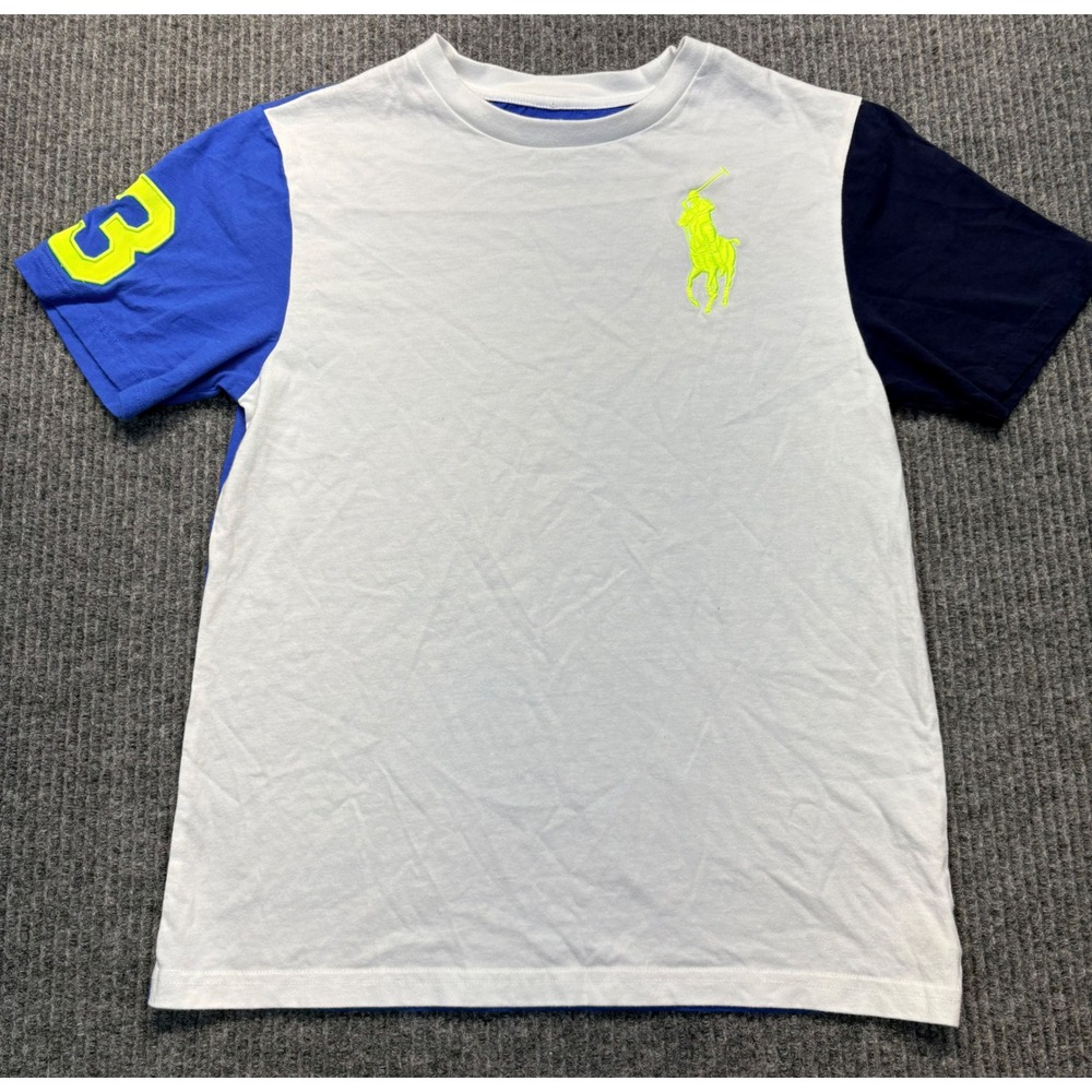 Polo Ralph Lauren Kids Colorblock Big Pony T-Shirt White Blue Neon Yellow Size M